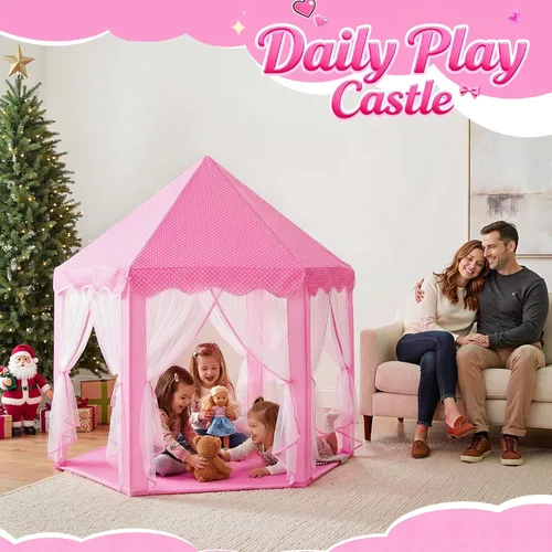 Miniatura 2 de wilwolfer Tienda de campaña tipo castillo de princesa para niñas, tienda de campaña hexagonal grande para jugar, casa de juegos con luces de Tienda