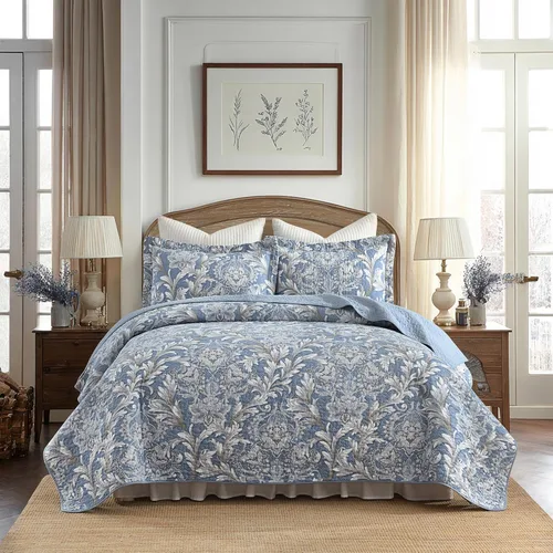 Miniatura 10 de Juego de edredón Queen 100% algodón – Colcha floral de damasco azul, juego de ropa de cama reversible de estilo europeo clásico de 3 piezas, ligero