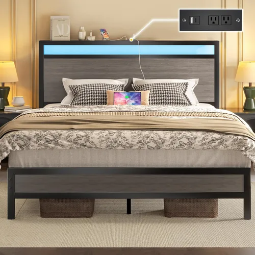 Miniatura 12 de Fluest Base de cama Queen con cabecero y estribo, marco de cama con estación de carga integrada y luz LED, estante de almacenamiento, sin ruido,
