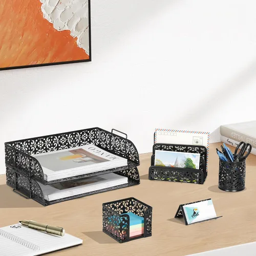 Miniatura 6 de EasyPAG Set organizador de escritorio 5 en 1 – Incluye 2 Charolas tamaño papel Carta, Clasificador de cartas, soporte de bolígrafos, recipiente