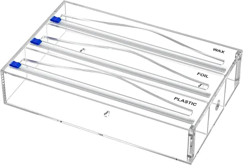Organizador de papel de aluminio para cajón con 12 etiquetas, dispensador de plástico con cortador, soporte de papel de aluminio acrílico 3 en 1,