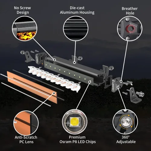 Miniatura 7 de LASFIT Barra de Luz LED Ámbar de 52 pulgadas, Fila Única, Luz de Conducción Todoterreno Impermeable IP67, Barra LED Amarilla de Haz Combinado Spot