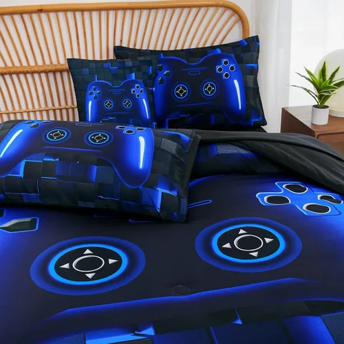 Miniatura 7 de PERFEMET Juego de ropa de cama tamaño Twin en una bolsa, 6 piezas, juego de ropa de cama gaming para niños, edredón azul gamer con juego de sábanas