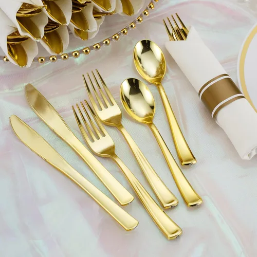 Miniatura 5 de Juego de 50 cubiertos de plástico dorado preenrollados con servilletas, juego de cubiertos desechables envueltos resistentes para bodas, fiestas