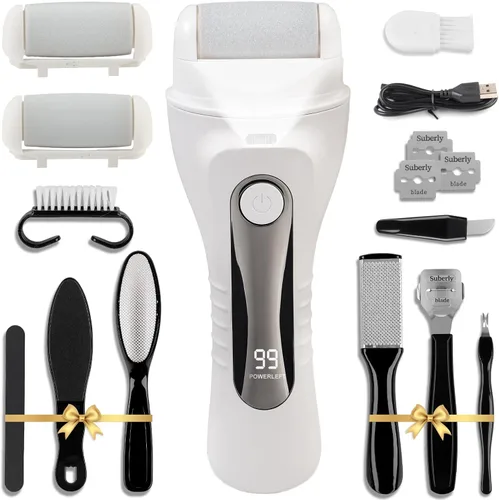 Miniatura 11 de Limpiador eléctrico de pies, kit de pedicura 17 en 1, removedor de callos para pies, lima eléctrica de pies para piel seca y muerta, 3 rodillos