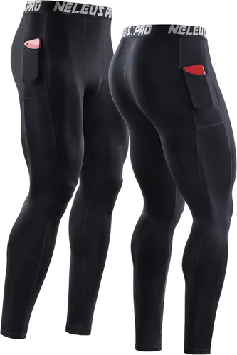 Miniatura 5 de NELEUS Pantalones de compresión de capa base para hombre, mallas de correr con bolsillo para teléfono
