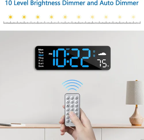 Miniatura 3 de Reloj de pared digital con control remoto para decoración de pared interior (azul) Large Display Plug in LED Digital Alarm Clocks with 12/24Hr