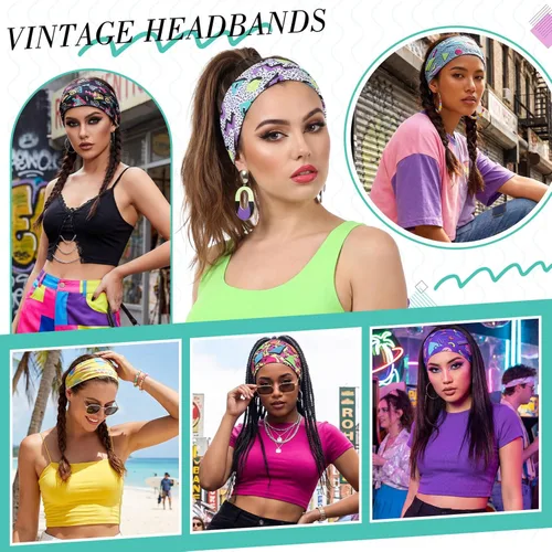 Miniatura 6 de obeoby Paquete de 8 diademas de neón con estampado de los años 80 para rave, accesorios retro de los años 90, bandas deportivas para fiestas