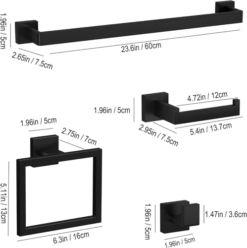 Miniatura 2 de Juego de 5 piezas de accesorios de baño negro mate, juego de barra de toalla de baño de 23.6 pulgadas, juego de hardware de baño de acero inoxidable