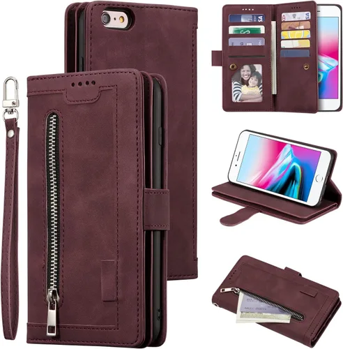 Miniatura 10 de UEEBAI Funda tipo cartera para iPhone SE 2022 5G/iPhone 7/iPhone 8/iPhone SE 2020, retro con 9 ranuras para tarjetas, bolsillo con cremallera, funda