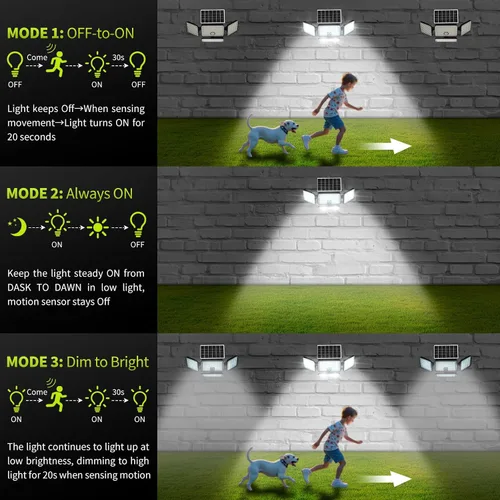 Miniatura 7 de 1 reflector solar de 3000 lm para exteriores con panel solar mejorado, 4 luces con sensor de movimiento de cabeza, luz de inundación con cable