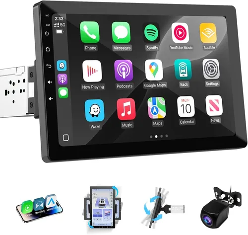 Haudio Estéreo de coche de 10.1 pulgadas de un solo DIN, radio de pantalla táctil giratoria con Apple CarPlay inalámbrico y Android Auto, cámara de