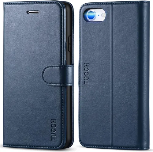 Miniatura 16 de TUCCH Funda tipo cartera para iPhone SE 2022/SE 2020/iPhone 8/7, tarjetero con función atril de piel sintética, magnética, funda protectora de Negro