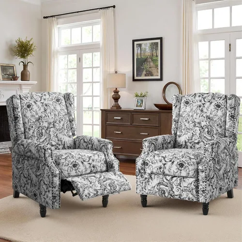 Miniatura 25 de Silla decorativa floral con respaldo alto, sillón tapizado con patas de madera maciza, cómodo sofá individual de lectura con respaldo alado