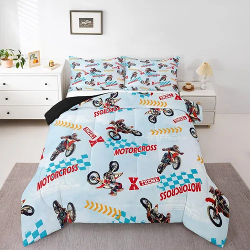 Miniatura 17 de Feelyou Juego de edredón azul de carreras para niños, juego de ropa de cama de coche deportivo para niños y niños, edredón deportivo geométrico a