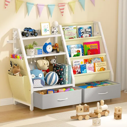 Estantería para niños y organizador de juguetes Twinkoo, estante resistente de 3 niveles, estantería con bandeja y 2 contenedores de juguetes,