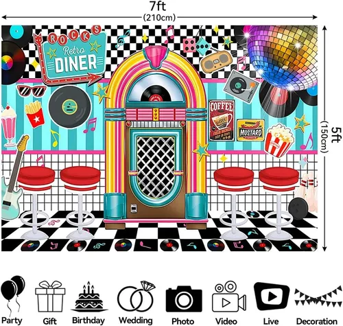 Miniatura 5 de Fondo de fiesta retro de los años 50 de 7 x 5 pies, decoración de Rock and Roll Sock Hop de los años 50, fondo de fotografía, accesorios para cabina