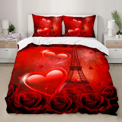 Miniatura 19 de AILONEN - Juego de funda de edredón tamaño individual, diseño de corazones para parejas, juego de ropa de cama rojo y negro, diseño "Yo y tú", juego