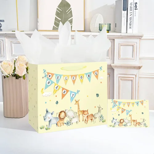 Miniatura 5 de Laidans Bolsa de regalo grande de 13" para bebé niño o niña para baby shower con papel de seda y tarjeta de felicitación (Azul)