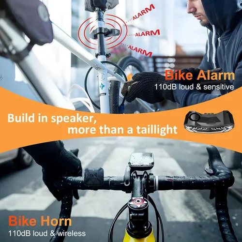 Miniatura 6 de WSDCAM Juego de luces para bicicleta con alarma de bocina de bicicleta, luz trasera de bicicleta con control remoto con señales de giro y luz