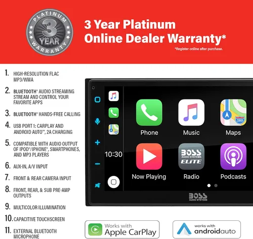 Miniatura 2 de BOSS Audio Systems Elite Series BE950WCPA - Reproductor multimedia inalámbrico Apple CarPlay Android Auto para automóvil, pantalla táctil capacitiva