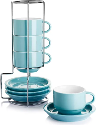 Sweese - Juego de 4 tazas de porcelana apilables de 2.5 onzas para café expreso, con platillos y soporte de metal, color turquesa
