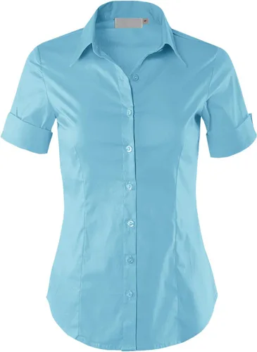 Miniatura 5 de Blusa de manga corta elástica con cuello abotonado para oficina, formal, informal, para mujer, ajuste (XS-3XL)