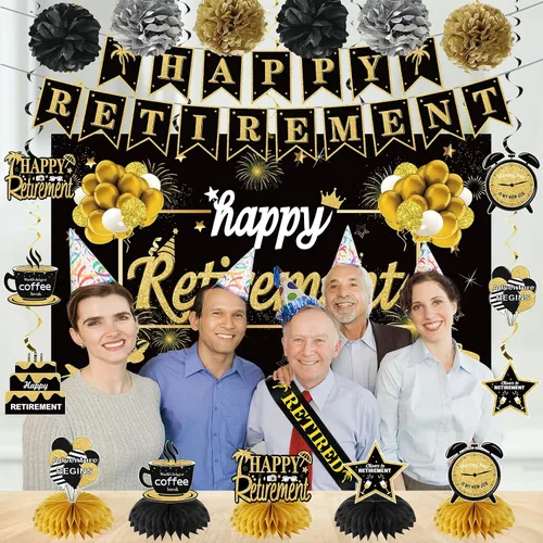 Miniatura 5 de Kit de decoración de fiesta de jubilación de 20 piezas para hombres y mujeres, Kuxriox negro y dorado, telón de fondo de jubilación, centro de mesa
