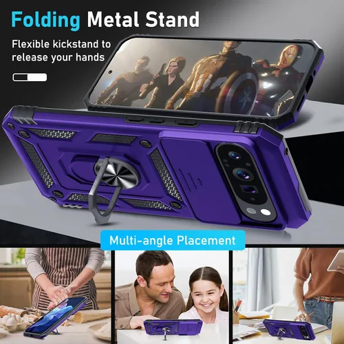 Miniatura 2 de Janmitta - Funda compatible con Google Pixel 9 Pro XL con cubierta deslizante para lente de cámara incorporada + protector de pantalla + soporte