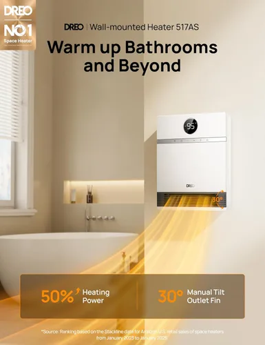 Miniatura 2 de Dreo Calentador de pared inteligente, calentador eléctrico IP24 con enchufe ALCI para uso en interiores, oscilación de 30°, termostato ajustable