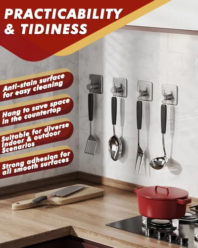 Miniatura 5 de Ganchos adhesivos resistentes de 30 lb (máx) de capacidad, juego de 5 ganchos de pared de acero inoxidable sin daños para colgar abrigos, sombreros