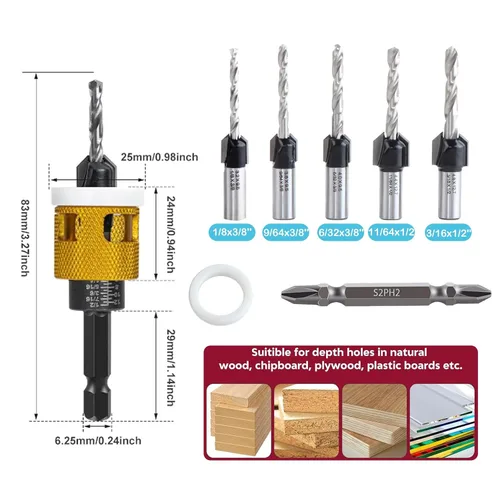 Miniatura 4 de Juego de 7 brocas avellanadoras para encimera con brocas cónicas HSS y llave en forma de L, vástago hexagonal de 1/4 pulgadas para carpintería