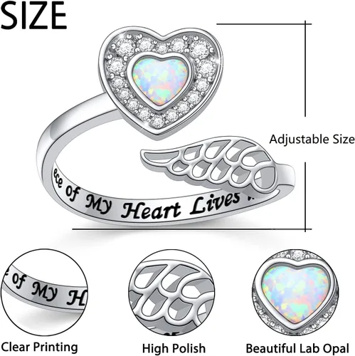 Miniatura 6 de Anillo de plata de ley 925 con alas de ángel para mujeres y niñas, joyería conmemorativa, con mensaje grabado, anillo abierto, anillo de regazo