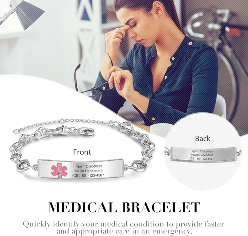 Miniatura 5 de Pulseras de identificación médica personalizadas de acero inoxidable para mujeres