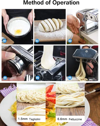 Miniatura 3 de Shule Máquina para hacer pastas manuales de acero inoxidable, incluye rodillo de pasta, cortador, manivela y 7 ajustes de grosor ajustables Plateado
