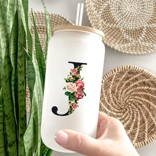 Miniatura 3 de Vasos de vidrio personalizados con tapas y pajitas, regalos con monograma para mujeres, vaso personalizado, bonita taza personalizada, cosas