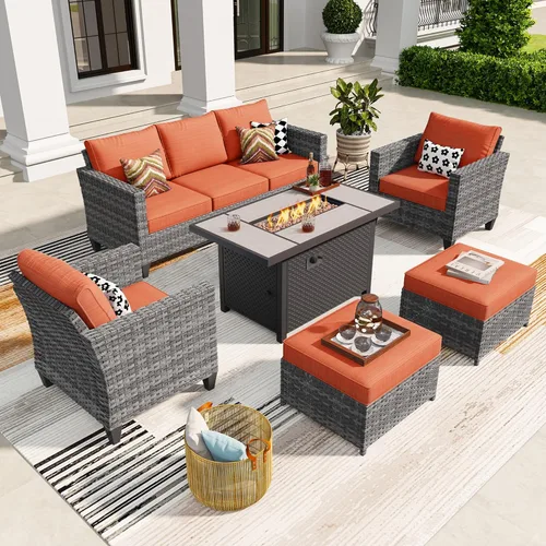 Miniatura 24 de ovios Juego de muebles de patio de 7 piezas con mesa cuadrada para hoguera, sillas mecedoras giratorias, juego de conversación de mimbre de respaldo