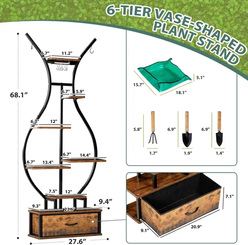Miniatura 3 de Soporte para plantas de interior de 7 niveles con ganchos y cajón para colgar, soporte de esquina en forma de jarrón de 68.1 pulgadas de alto