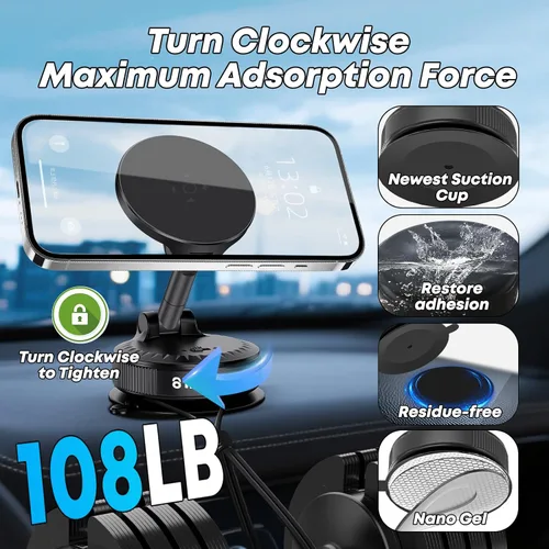Miniatura 4 de Soporte de teléfono para automóvil [108 libras de succión más fuerte y 3600 gf magnético más fuerte] Soporte magnético ajustable de 360°