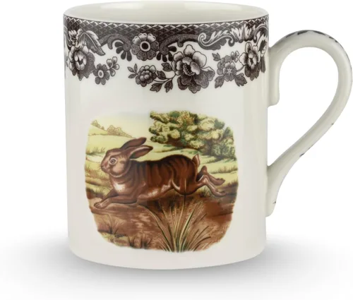 Spode Woodland Rabbit - Taza de porcelana fina de 16 onzas con borde de flores británicas, apta para lavavajillas, microondas, congelador y horno,