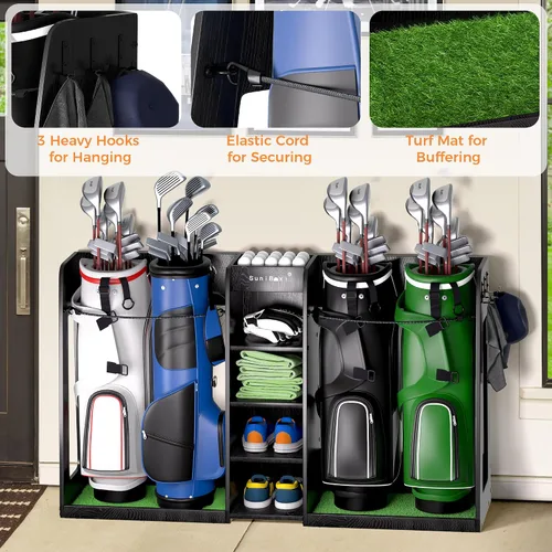 Miniatura 5 de SuniBoxi Organizador de golf para garaje, estante de almacenamiento de madera XL para 4 bolsas, clubes, pelotas y equipos, soporte para bolsas