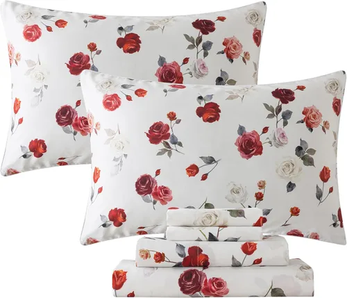 FADFAY Juego de sábanas de rosas blancas, ropa de cama vintage floral de rosas, ropa de cama estilo rústico, 100% algodón egipcio percal, 800 hilos,