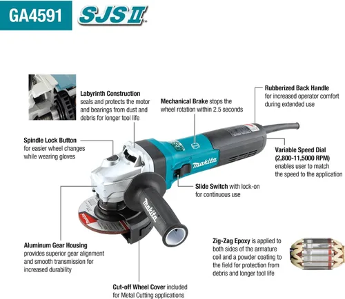 Miniatura 2 de Makita GA4591 Amoladora angular de alta potencia SJSII de 4-1/2" con freno
