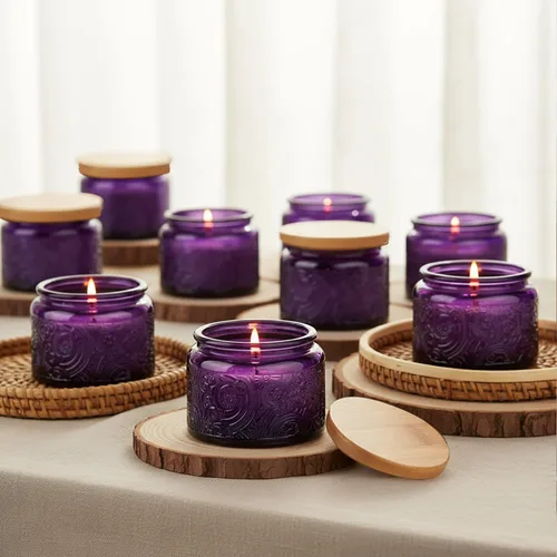 Miniatura 11 de Paquete de 18 recipientes de vidrio en relieve de 4 onzas con tapas y etiquetas de bambú, tarros transparentes para hacer velas, diseño de estrella