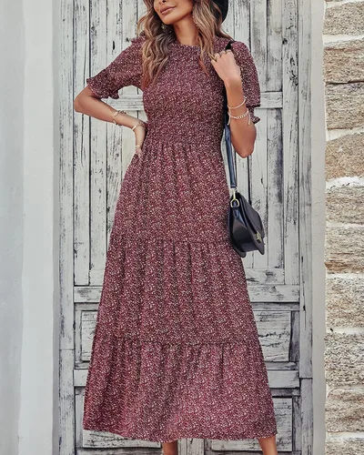 Miniatura 164 de BTFBM Vestidos para mujer, cuello redondo, casual, de verano, con volantes, manga corta, bohemio, con niveles, fruncido, largo, con estampado floral