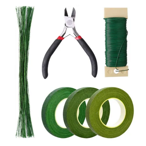 Kit de arreglos florales, cinta floral y alambre floral con cortador, cinta floral verde de calibre 22, alambre floral verde calibre 26, alambre