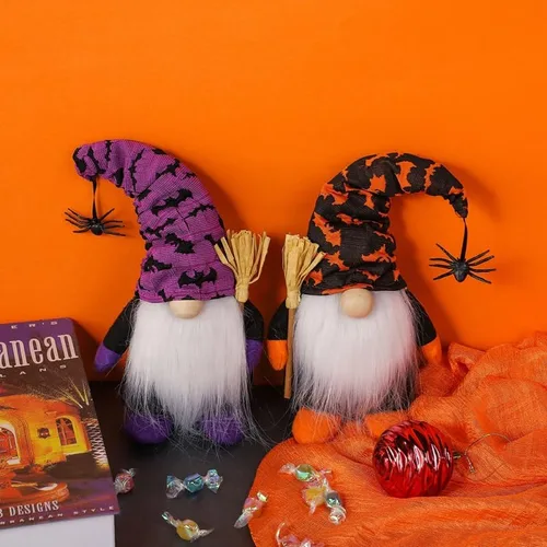 Miniatura 6 de PRETYZOOM Muñeca sin rostro, gnomo de Halloween, decoración de felpa, gnomo de bruja de fieltro suave morado con barba gris, escoba de araña