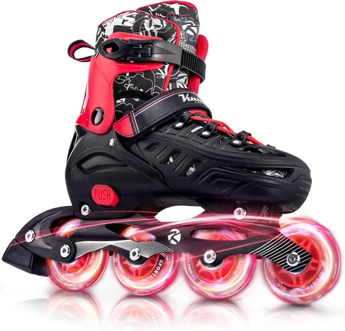 Kuxuan skates Patines en línea ajustables para niños, jóvenes y adultos, patines iluminadores con ruedas iluminadas Rojo