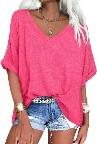Miniatura 20 de UNCLECAT Camisetas de gran tamaño con cuello en V para mujer, camisas de manga corta de verano, holgadas, casuales