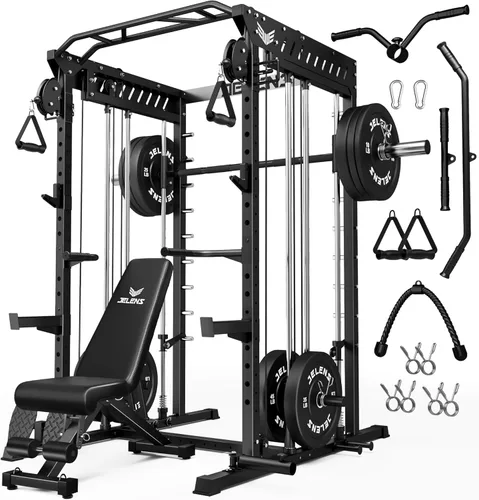 Miniatura 10 de JELENS M21 - Máquina Smith, jaula de potencia multifunción con sistema de cruce de cable de polea doble, banco de sentadillas todo en uno de 907 kg